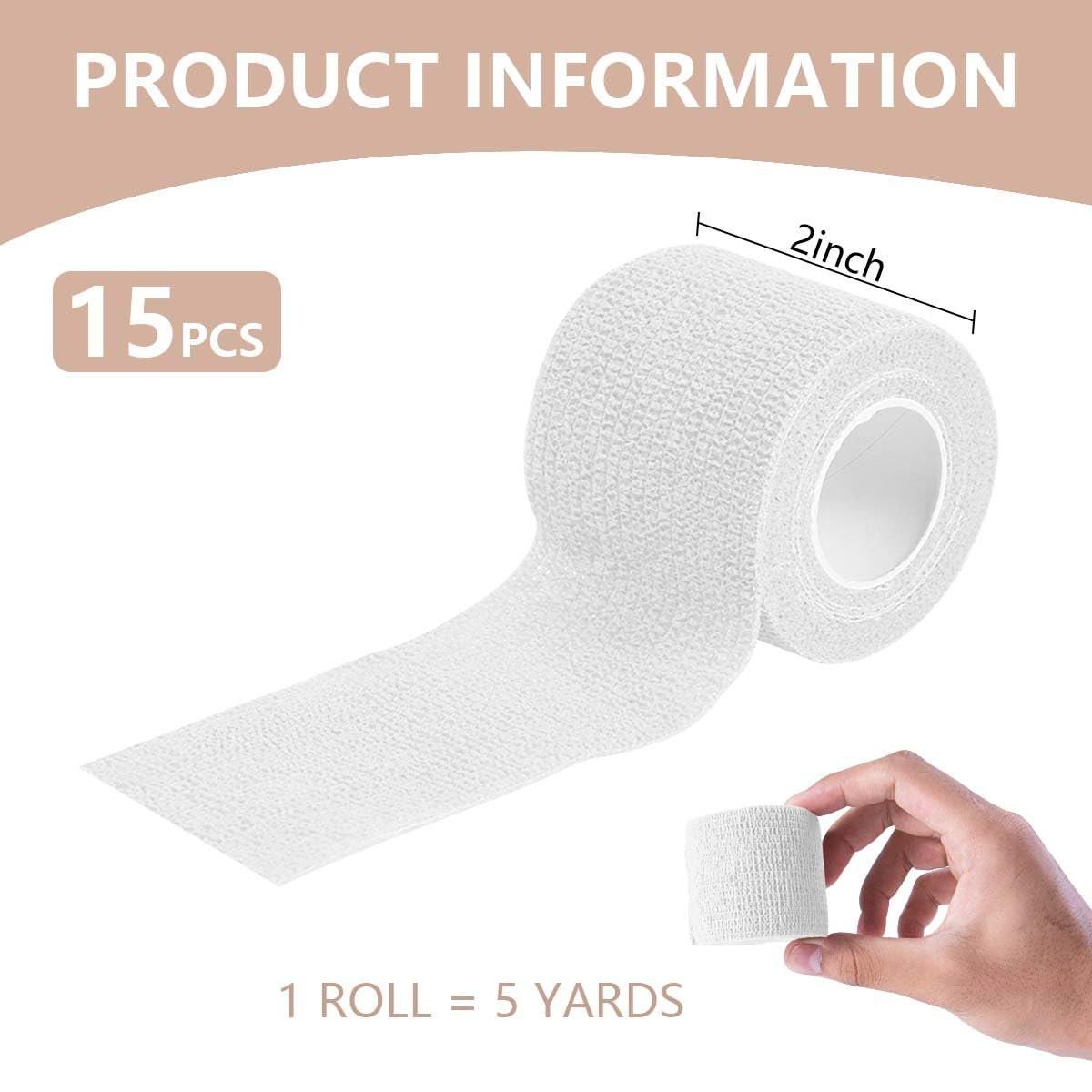 KISEER 15er-Pack 5 cm x 4,5 m Weiße Selbstklebende Bandage, Atmungsaktive Kohäsive Bandage, Elastisches Selbsthaftendes Tape für Sport, Handgelenk, Knöchel