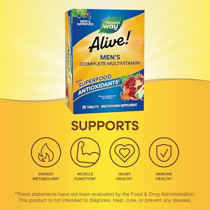 Nature's Way Alive! Männer Tägliche Multivitamine – Unterstützt Energie-Stoffwechsel & Muskelfunktion* – mit B-Vitaminen, glutenfrei, 50 Tabletten (Verpackung kann variieren)