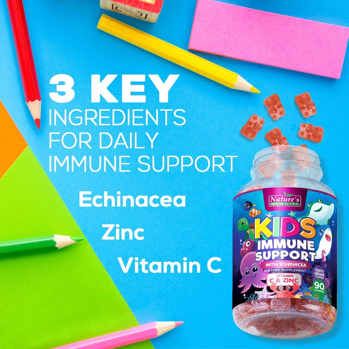 Immununterstützung für Kinder Gummibärchen – Tägliche Vitamine C, Zink & Echinacea für Kinder ab 4 Jahren, natürlicher Beerengeschmack, Non-GMO, glutenfrei & vegan – 90 Gummibärchen
