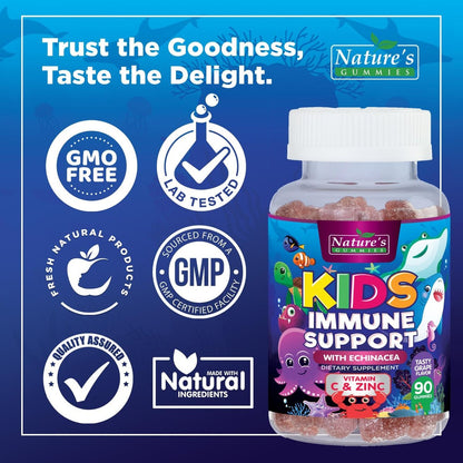 Immununterstützung für Kinder Gummibärchen – Tägliche Vitamine C, Zink & Echinacea für Kinder ab 4 Jahren, natürlicher Beerengeschmack, Non-GMO, glutenfrei & vegan – 90 Gummibärchen