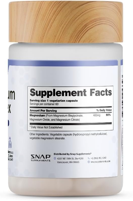 Snap Triple Magnesium Komplex für Frauen & Männer – 400mg, 3-in-1 Magnesium mit Bisglycinat, Citrat & Oxid – Chelatiert für hohe Absorption, 60 vegane Kapseln