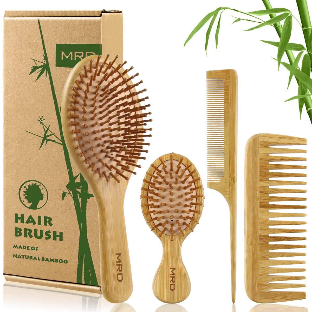 MRD Haar Bürsten Set – Natürliche Bambusbürste, Paddle Entwirrungsbürste, Kamm, für Frauen, Männer und Kinder – für dickes, feines, lockiges und trockenes Haar – Geschenkset