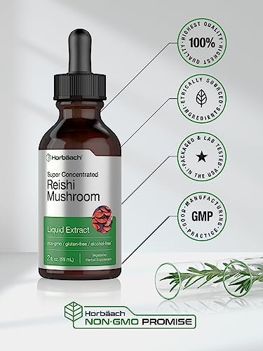 Horbäach Reishi Pilz Extrakt Tinktur | 60 ml | Flüssige Tropfen | Ganoderma Lucidum | Vegan, Alkoholfrei | Nicht-GVO, Glutenfrei Nahrungsergänzungsmittel