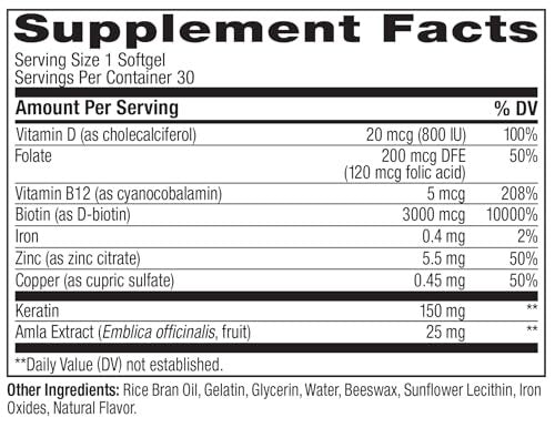 OLLY Ultra Strength Haar Softgels – Biotin, Keratin, Vitamin D & B12 – 30 Softgels (30-Tage-Vorrat)