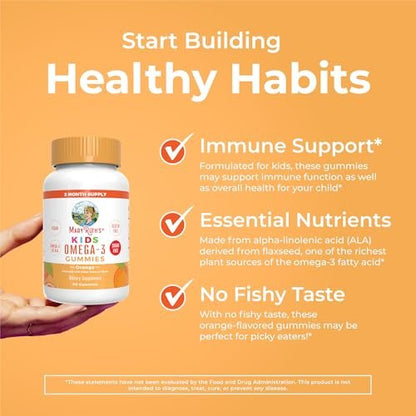 MARYRUTH'S Vegane Omega 3 Gummis für Kinder ab 4 Jahren – 2-Monats-Vorrat – Zuckerfrei – Omega-3 mit Vitamin C – Leinöl – Immununterstützung – Essentielles ALA – Kein Fischgeschmack – 60 Stück