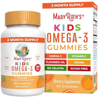 MARYRUTH'S Vegane Omega 3 Gummis für Kinder ab 4 Jahren – 2-Monats-Vorrat – Zuckerfrei – Omega-3 mit Vitamin C – Leinöl – Immununterstützung – Essentielles ALA – Kein Fischgeschmack – 60 Stück