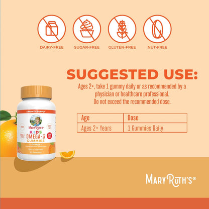 MARYRUTH'S Vegane Omega 3 Gummis für Kinder ab 4 Jahren – 2-Monats-Vorrat – Zuckerfrei – Omega-3 mit Vitamin C – Leinöl – Immununterstützung – Essentielles ALA – Kein Fischgeschmack – 60 Stück
