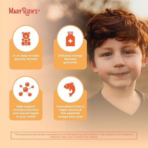 MARYRUTH'S Vegane Omega 3 Gummis für Kinder ab 4 Jahren – 2-Monats-Vorrat – Zuckerfrei – Omega-3 mit Vitamin C – Leinöl – Immununterstützung – Essentielles ALA – Kein Fischgeschmack – 60 Stück