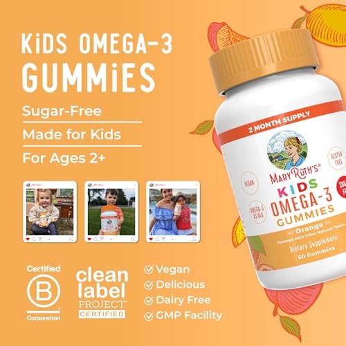 MARYRUTH'S Vegane Omega 3 Gummis für Kinder ab 4 Jahren – 2-Monats-Vorrat – Zuckerfrei – Omega-3 mit Vitamin C – Leinöl – Immununterstützung – Essentielles ALA – Kein Fischgeschmack – 60 Stück