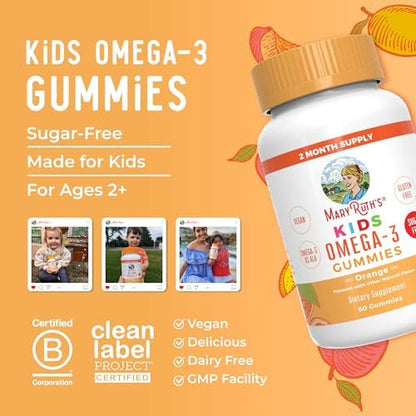 MARYRUTH'S Vegane Omega 3 Gummis für Kinder ab 4 Jahren – 2-Monats-Vorrat – Zuckerfrei – Omega-3 mit Vitamin C – Leinöl – Immununterstützung – Essentielles ALA – Kein Fischgeschmack – 60 Stück