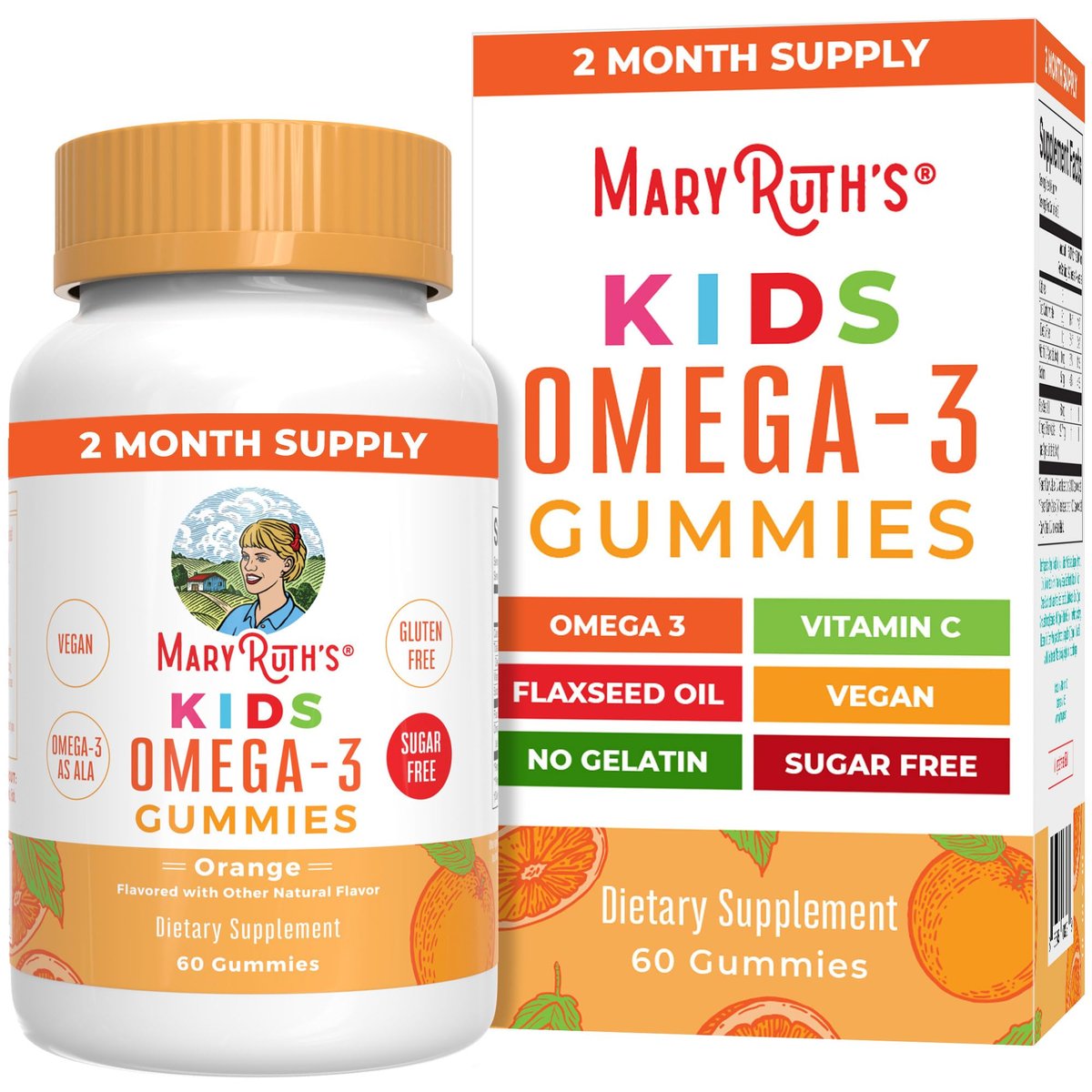 MARYRUTH'S Vegane Omega 3 Gummis für Kinder ab 4 Jahren – 2-Monats-Vorrat – Zuckerfrei – Omega-3 mit Vitamin C – Leinöl – Immununterstützung – Essentielles ALA – Kein Fischgeschmack – 60 Stück