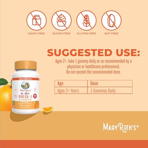 MARYRUTH'S Vegane Omega 3 Gummis für Kinder ab 4 Jahren – 2-Monats-Vorrat – Zuckerfrei – Omega-3 mit Vitamin C – Leinöl – Immununterstützung – Essentielles ALA – Kein Fischgeschmack – 60 Stück