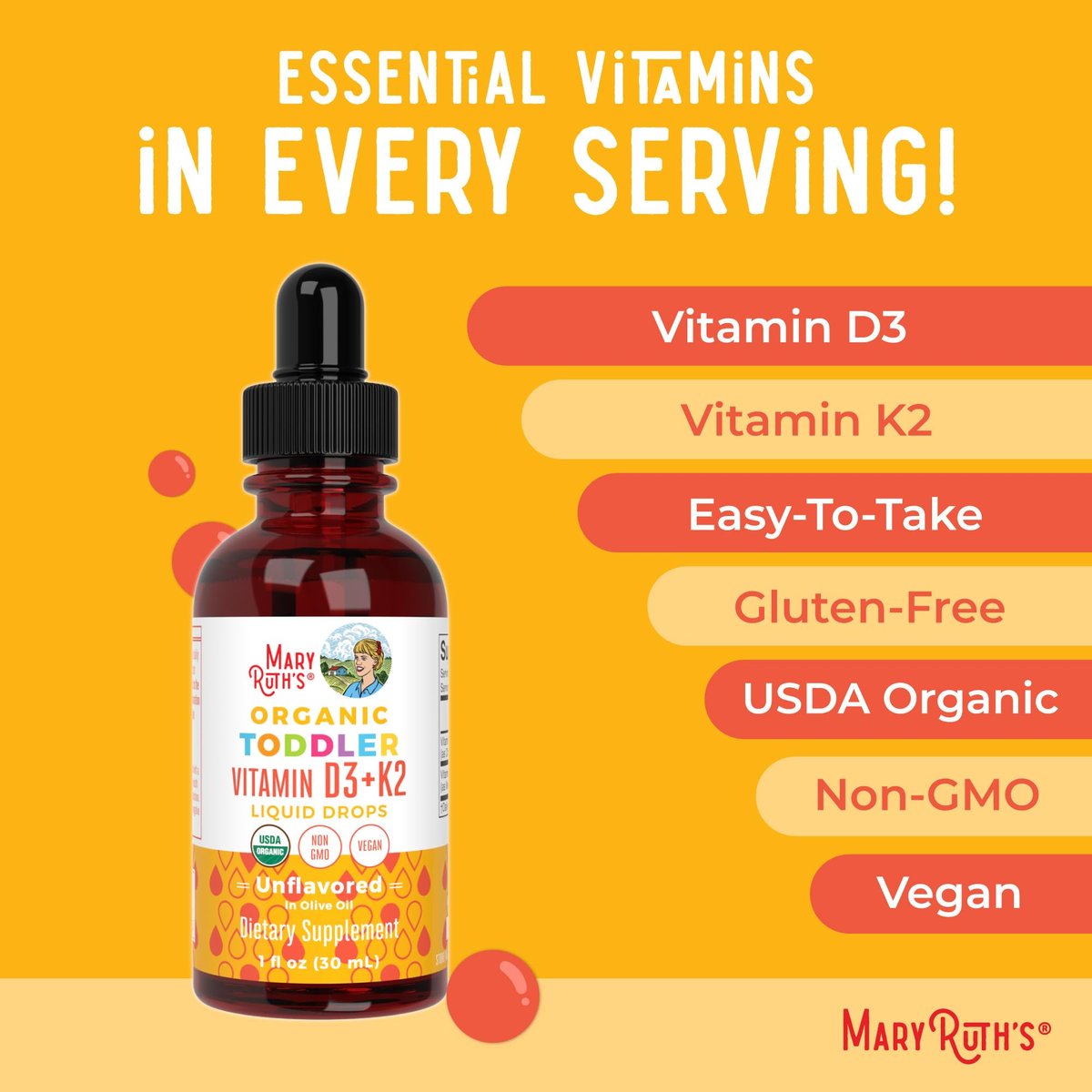 MARYRUTH'S Organics Vitamin D3 + K2 Tropfen | Vegane D3 K2 Kombination für Kinder & Erwachsene | Starke Knochen & Calciumaufnahme | 30 ml (1 Fl Oz)