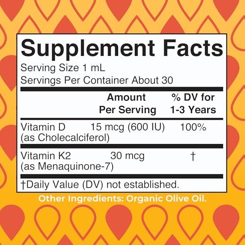 MARYRUTH'S Organics Vitamin D3 + K2 Tropfen | Vegane D3 K2 Kombination für Kinder & Erwachsene | Starke Knochen & Calciumaufnahme | 30 ml (1 Fl Oz)