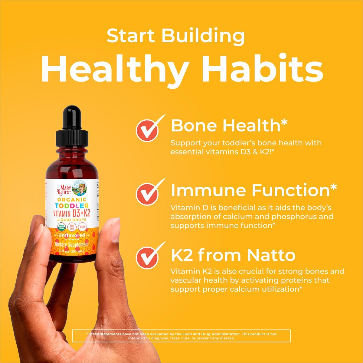 MARYRUTH'S Organics Vitamin D3 + K2 Tropfen | Vegane D3 K2 Kombination für Kinder & Erwachsene | Starke Knochen & Calciumaufnahme | 30 ml (1 Fl Oz)