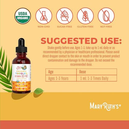 MARYRUTH'S Organics Vitamin D3 + K2 Tropfen | Vegane D3 K2 Kombination für Kinder & Erwachsene | Starke Knochen & Calciumaufnahme | 30 ml (1 Fl Oz)