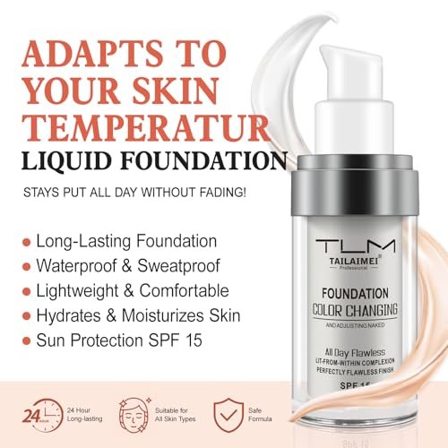2er-Pack Farbwechselnde Foundation für warme Hauttöne – Feuchtigkeitsspendend, Lang anhaltend, Wasserfest, Leicht, LSF 15