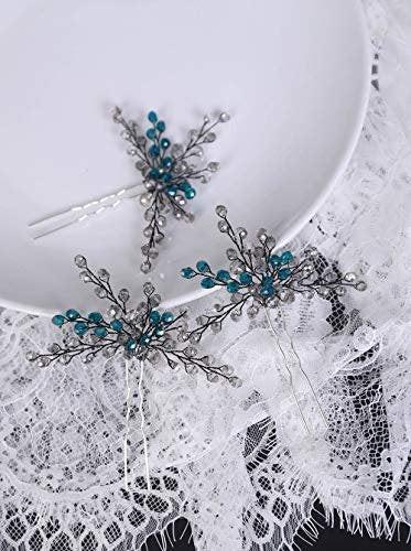 YERTTER Pfauenblau Braut Haarnadeln Set aus 3 - Kristall-Kopfschmuck, Haarspangen für Frauen und Bräute