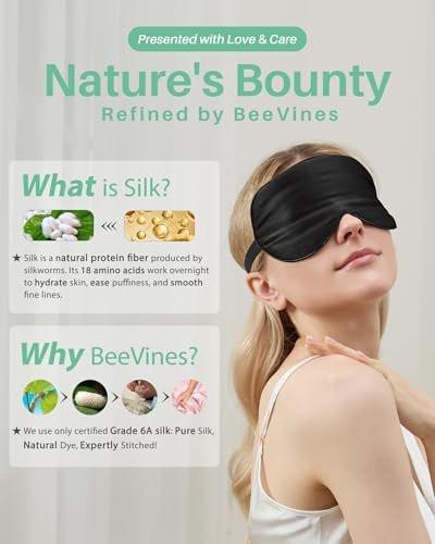 BeeVines Schlafmaske, 2er-Pack 100% echte Naturseide-Augenmasken mit verstellbarem Band zum Schlafen, Maulbeerseide-Augenklappe, blockiert Licht, reduziert Schwellungen, Reisegeschenk (Schwarz & Schwarz)