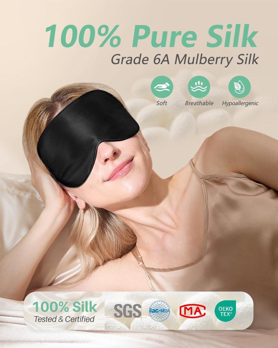 BeeVines Schlafmaske, 2er-Pack 100% echte Naturseide-Augenmasken mit verstellbarem Band zum Schlafen, Maulbeerseide-Augenklappe, blockiert Licht, reduziert Schwellungen, Reisegeschenk (Schwarz & Schwarz)