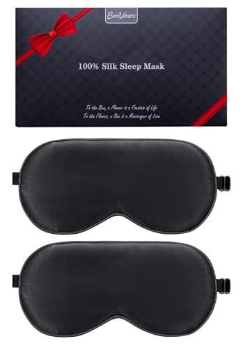 BeeVines Schlafmaske, 2er-Pack 100% echte Naturseide-Augenmasken mit verstellbarem Band zum Schlafen, Maulbeerseide-Augenklappe, blockiert Licht, reduziert Schwellungen, Reisegeschenk (Schwarz & Schwarz)