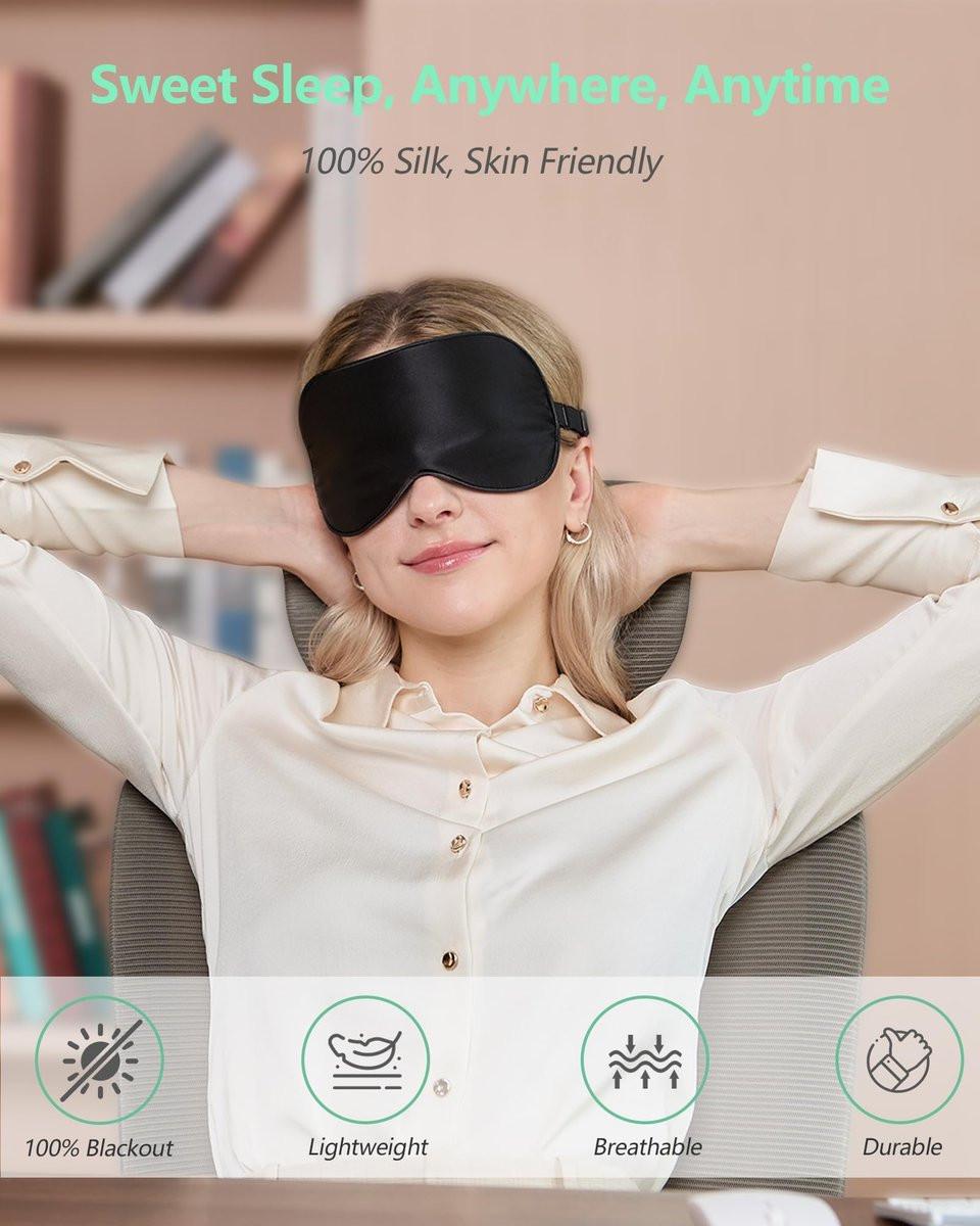 BeeVines Schlafmaske, 2er-Pack 100% echte Naturseide-Augenmasken mit verstellbarem Band zum Schlafen, Maulbeerseide-Augenklappe, blockiert Licht, reduziert Schwellungen, Reisegeschenk (Schwarz & Schwarz)