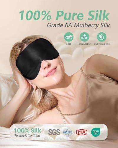 BeeVines Schlafmaske, 2er-Pack 100% echte Naturseide-Augenmasken mit verstellbarem Band zum Schlafen, Maulbeerseide-Augenklappe, blockiert Licht, reduziert Schwellungen, Reisegeschenk (Schwarz & Schwarz)
