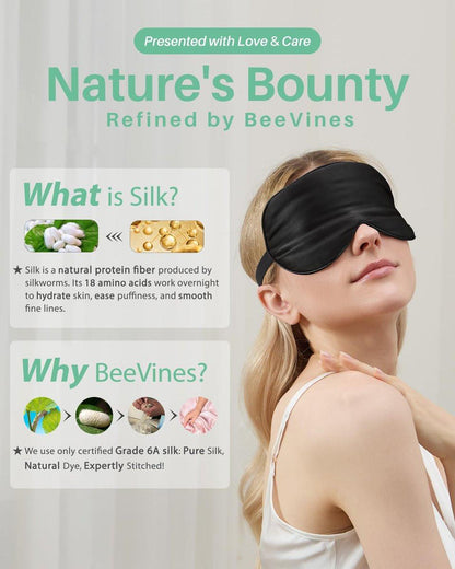 BeeVines Schlafmaske, 2er-Pack 100% echte Naturseide-Augenmasken mit verstellbarem Band zum Schlafen, Maulbeerseide-Augenklappe, blockiert Licht, reduziert Schwellungen, Reisegeschenk (Schwarz & Schwarz)