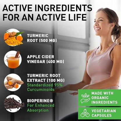 USDA Bio Kurkuma Wurzelpulver, Ingwerpulver & Apfelessigpulver mit Curcumin (95% Curcuminoide) & Bioperin, 1410 mg pro Portion, 120 vegane Kapseln