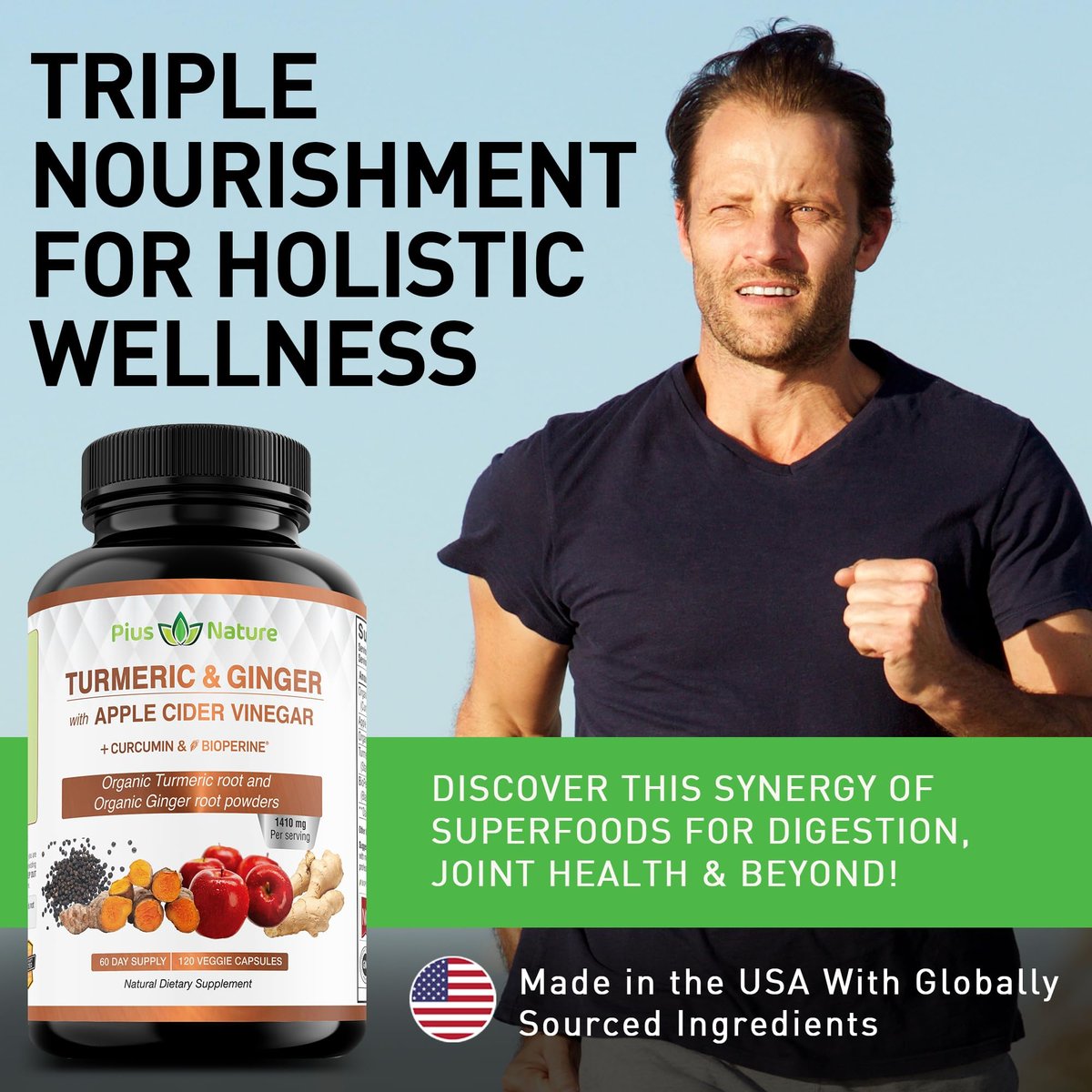 USDA Bio Kurkuma Wurzelpulver, Ingwerpulver & Apfelessigpulver mit Curcumin (95% Curcuminoide) & Bioperin, 1410 mg pro Portion, 120 vegane Kapseln