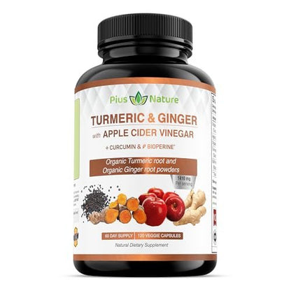 USDA Bio Kurkuma Wurzelpulver, Ingwerpulver & Apfelessigpulver mit Curcumin (95% Curcuminoide) & Bioperin, 1410 mg pro Portion, 120 vegane Kapseln