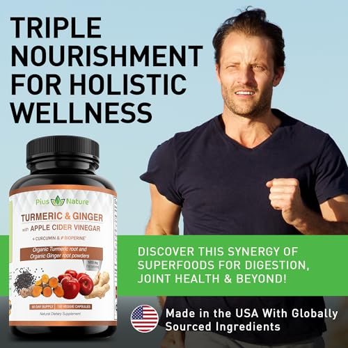 USDA Bio Kurkuma Wurzelpulver, Ingwerpulver & Apfelessigpulver mit Curcumin (95% Curcuminoide) & Bioperin, 1410 mg pro Portion, 120 vegane Kapseln
