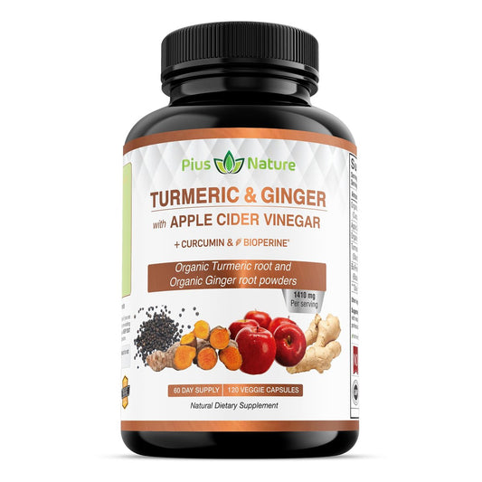 USDA Bio Kurkuma Wurzelpulver, Ingwerpulver & Apfelessigpulver mit Curcumin (95% Curcuminoide) & Bioperin, 1410 mg pro Portion, 120 vegane Kapseln