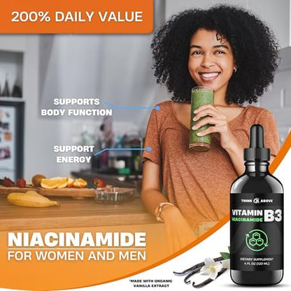 Think Above Vitamin B3 Niacinamid Flüssig – Nicht spülende B3 Niacin Tropfen für Frauen und Männer – Leicht zu schlucken 60 ml (2 Fl Oz)