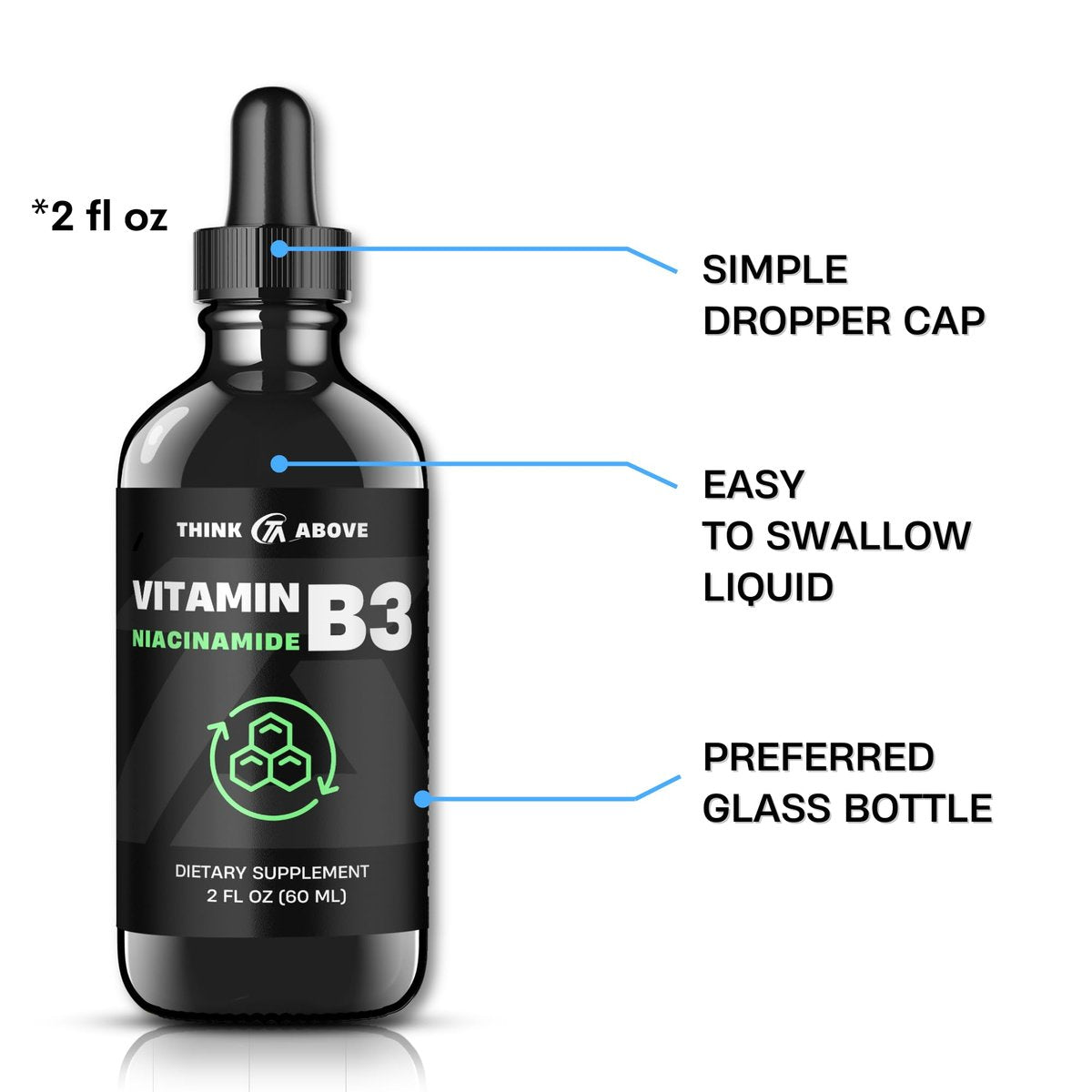 Think Above Vitamin B3 Niacinamid Flüssig – Nicht spülende B3 Niacin Tropfen für Frauen und Männer – Leicht zu schlucken 60 ml (2 Fl Oz)