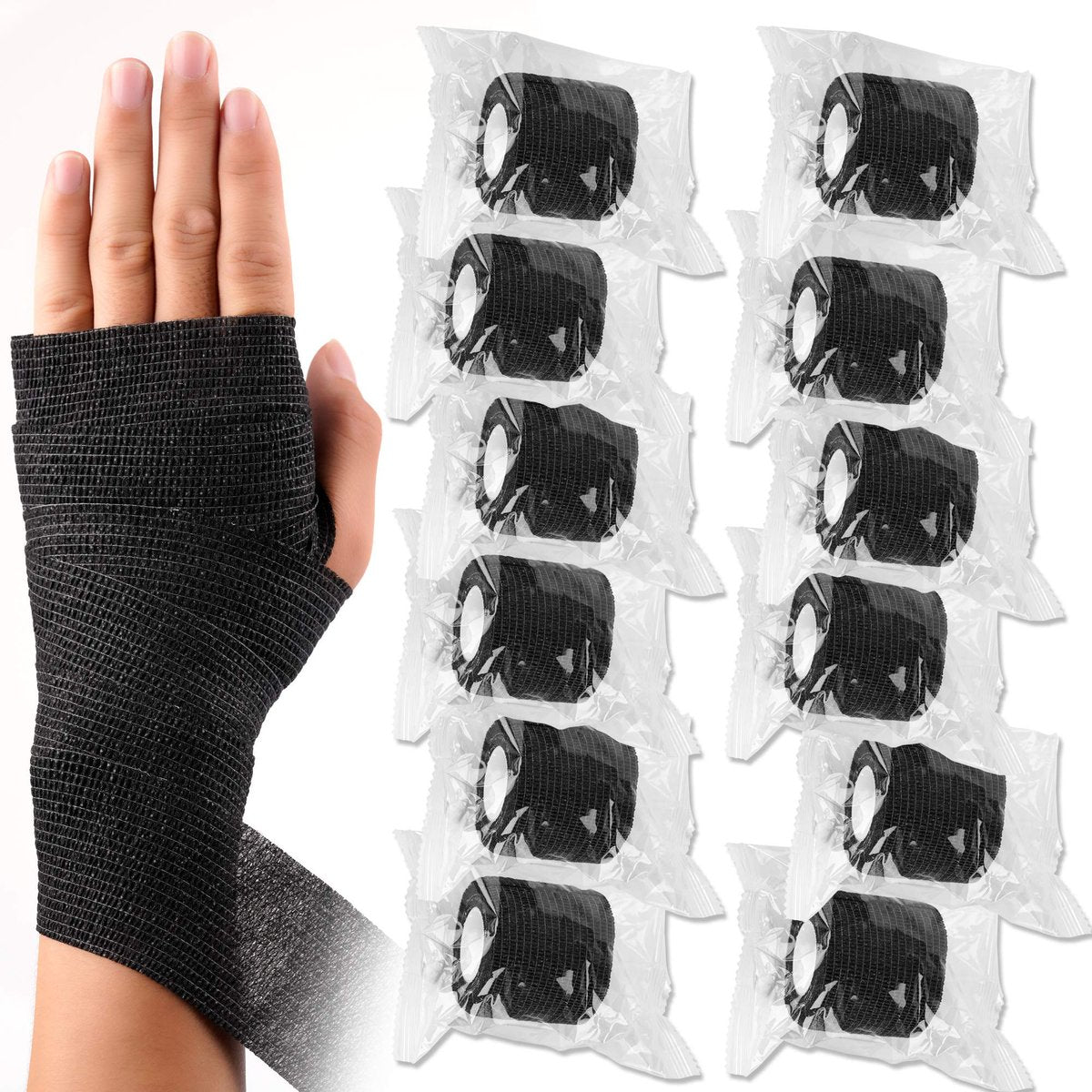 12er-Pack Selbsthaftende Kohäsive Bandagen 5 cm x 4,5 m, Erste-Hilfe-Tape, Elastisches Selbstklebeband, Sportbandage, Atmungsaktive Wundbandage für Handgelenk, Knöchel, Schwarz