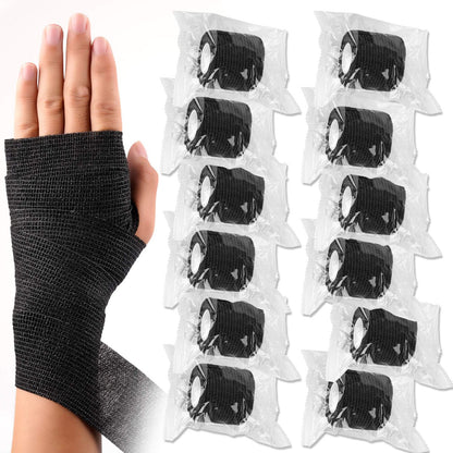 12er-Pack Selbsthaftende Kohäsive Bandagen 5 cm x 4,5 m, Erste-Hilfe-Tape, Elastisches Selbstklebeband, Sportbandage, Atmungsaktive Wundbandage für Handgelenk, Knöchel, Schwarz
