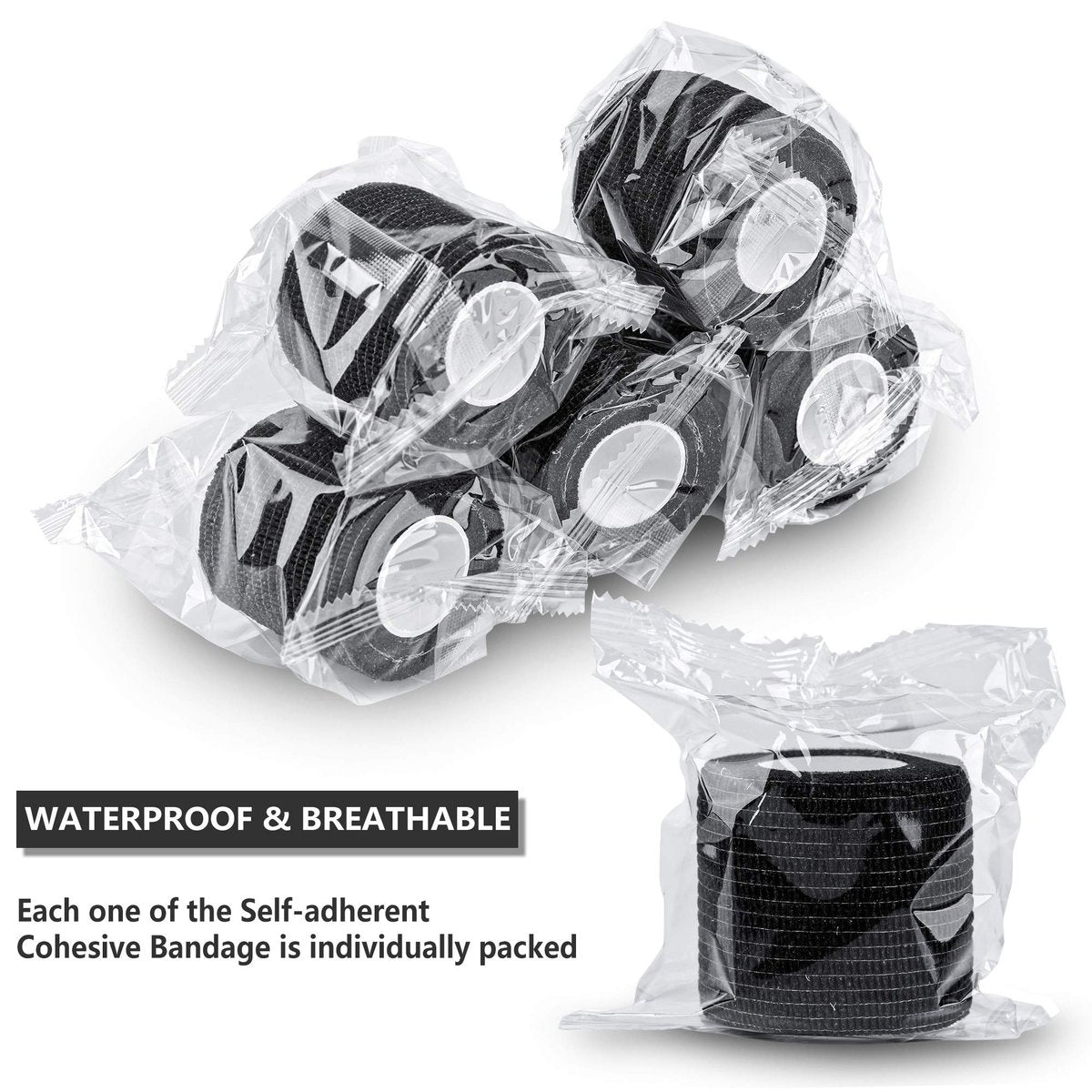 12er-Pack Selbsthaftende Kohäsive Bandagen 5 cm x 4,5 m, Erste-Hilfe-Tape, Elastisches Selbstklebeband, Sportbandage, Atmungsaktive Wundbandage für Handgelenk, Knöchel, Schwarz