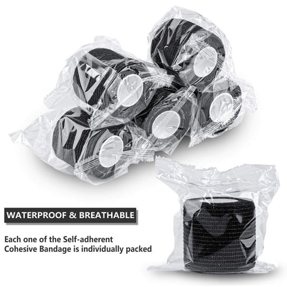 12er-Pack Selbsthaftende Kohäsive Bandagen 5 cm x 4,5 m, Erste-Hilfe-Tape, Elastisches Selbstklebeband, Sportbandage, Atmungsaktive Wundbandage für Handgelenk, Knöchel, Schwarz