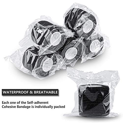 12er-Pack Selbsthaftende Kohäsive Bandagen 5 cm x 4,5 m, Erste-Hilfe-Tape, Elastisches Selbstklebeband, Sportbandage, Atmungsaktive Wundbandage für Handgelenk, Knöchel, Schwarz