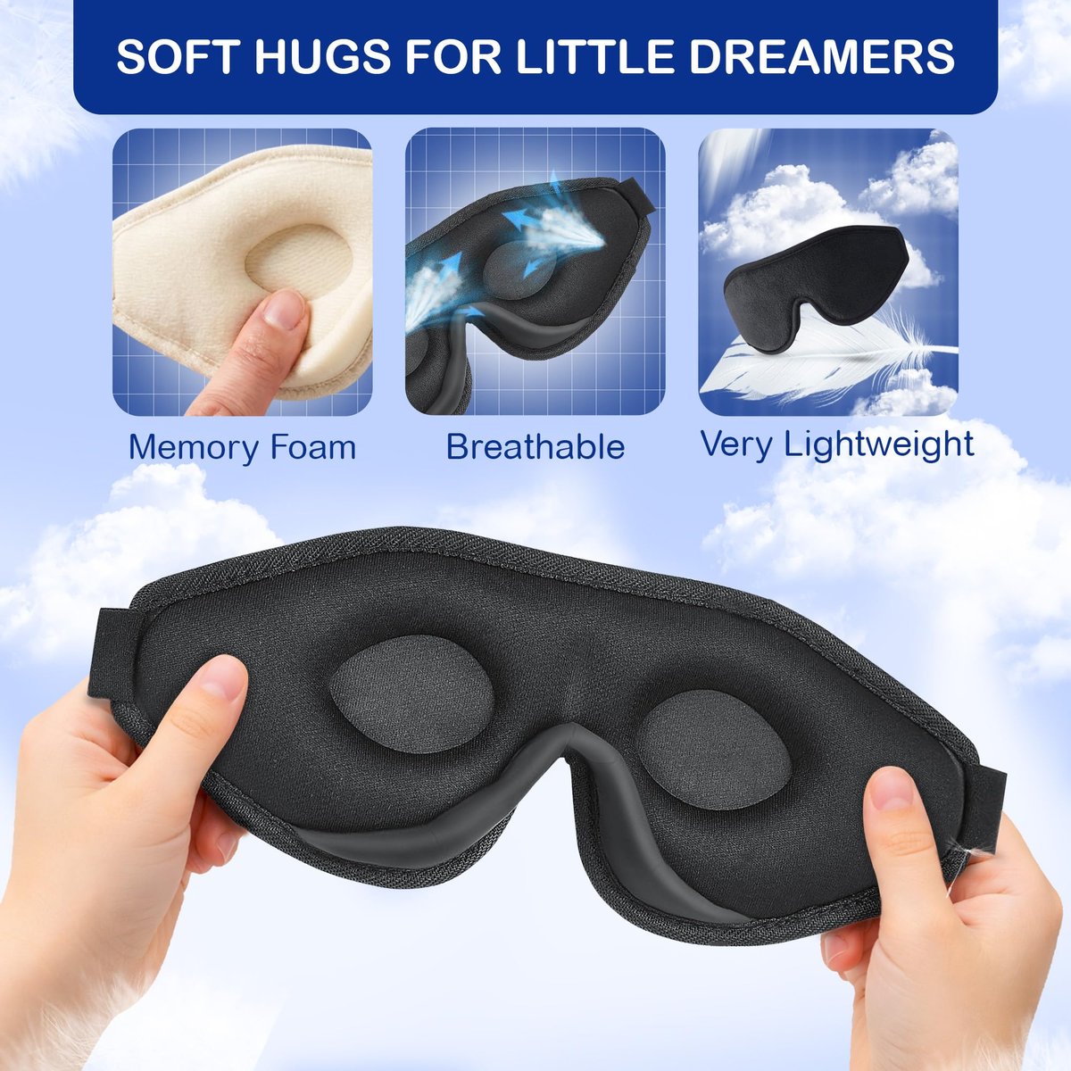 ASTRA VENA 3D Schlafmaske für Kinder – Lichtblockierende, konturierte Augenmaske mit Memory-Schaum, verstellbarem Riemen, für Jungen und Mädchen, Schwarz