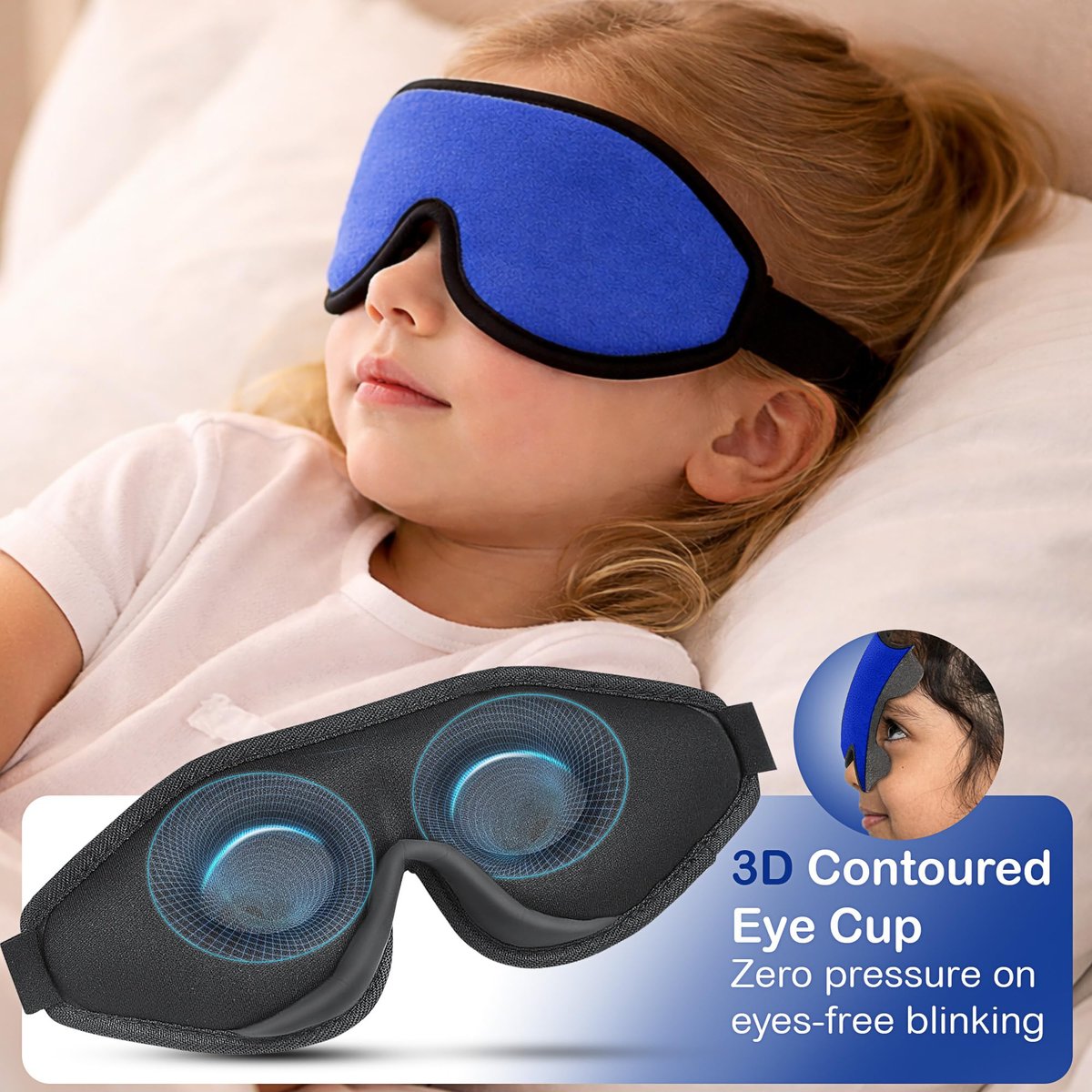 ASTRA VENA 3D Schlafmaske für Kinder – Lichtblockierende Schlafbrille mit Memory-Schaum, verstellbarem Riemen, für Jungen und Mädchen, Dunkelblau