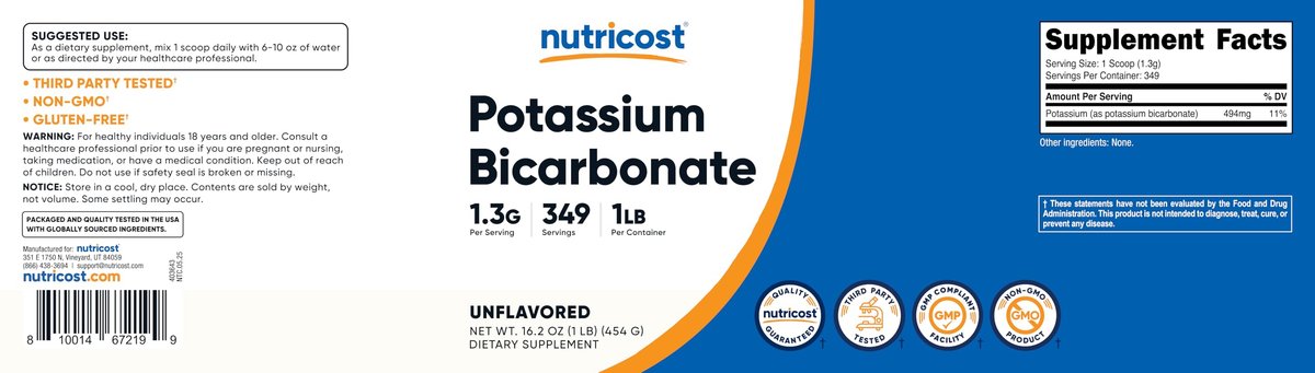 Nutricost Kalium-Bicarbonat Pulver 1 Pfund – Glutenfrei, Nicht-GVO, Mineralergänzung