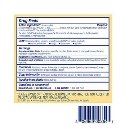 Boiron Aconitum Napellus 30C Homöopathisches Arzneimittel bei Fieber, heißer und trockener Haut, Husten und Unruhe - 3er-Pack (240 Kügelchen)