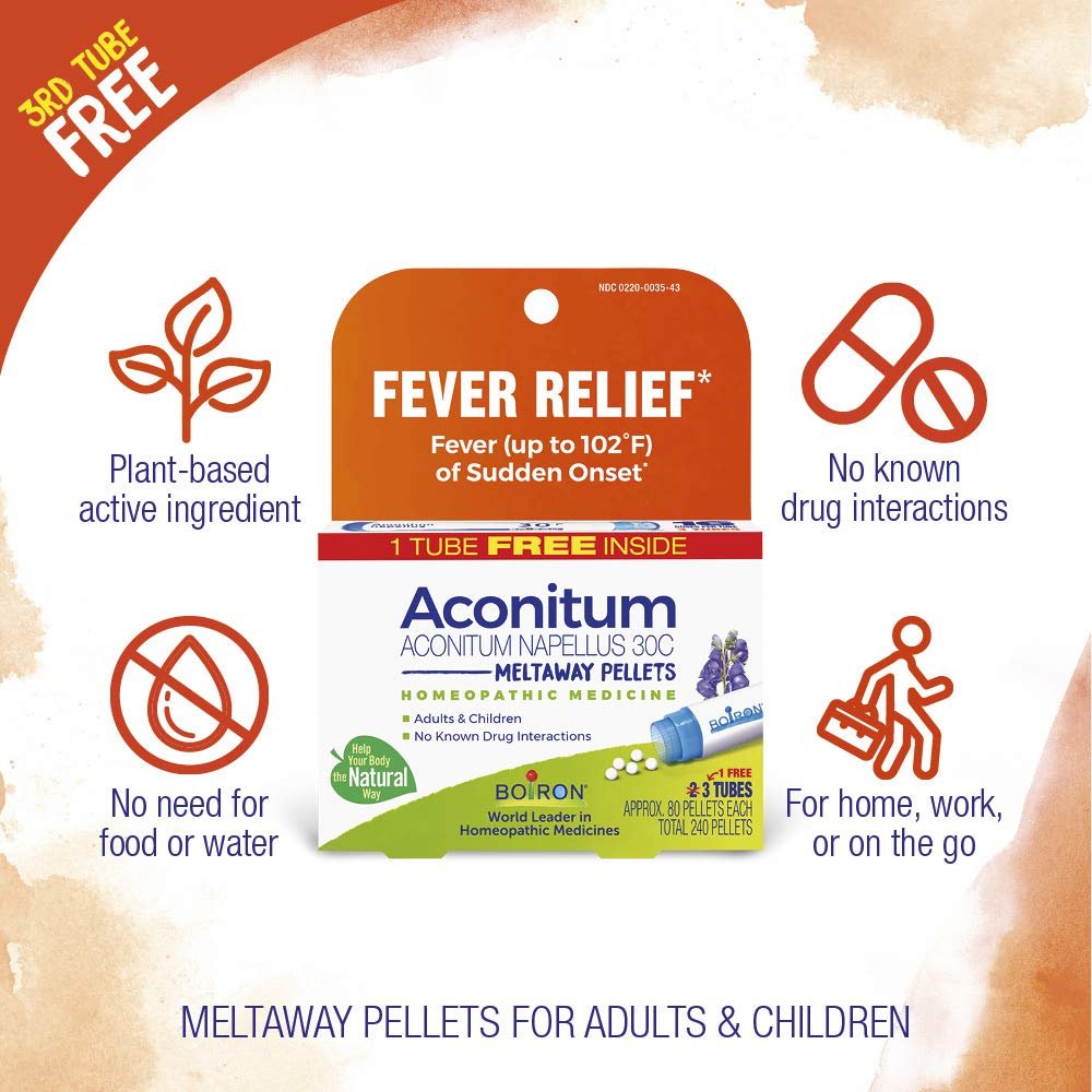 Boiron Aconitum Napellus 30C Homöopathisches Arzneimittel bei Fieber, heißer und trockener Haut, Husten und Unruhe - 3er-Pack (240 Kügelchen)