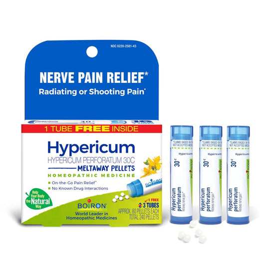 Boiron Hypericum Perforatum 30C Homöopathisches Mittel zur Linderung von Nervenschmerzen, Zahnschmerzen, Bein- oder Rückenschmerzen und stechenden Schmerzen – 3 Tuben (240 Kügelchen)