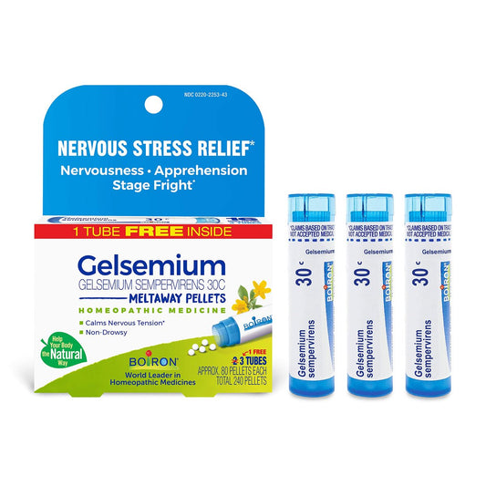 Boiron Gelsemium 30C Homöopathisches Arzneimittel gegen Stress, Nervosität, Beklemmung und Lampenfieber – 3er-Pack (240 Kügelchen)