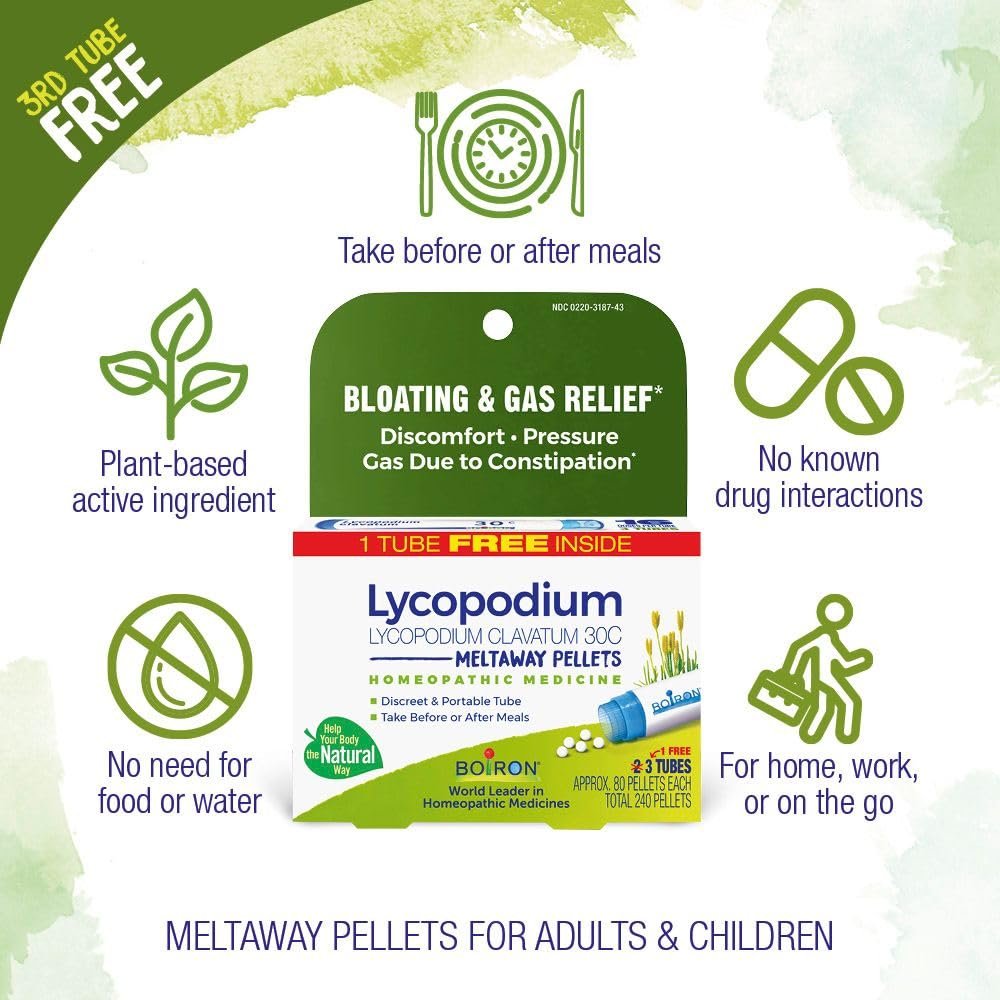 Boiron Lycopodium Clavatum 30C Homöopathisches Mittel gegen Blähungen, Völlegefühl und Magendruck - 3er-Pack (240 Kügelchen)