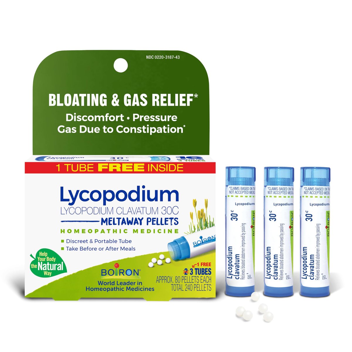 Boiron Lycopodium Clavatum 30C Homöopathisches Mittel gegen Blähungen, Völlegefühl und Magendruck - 3er-Pack (240 Kügelchen)