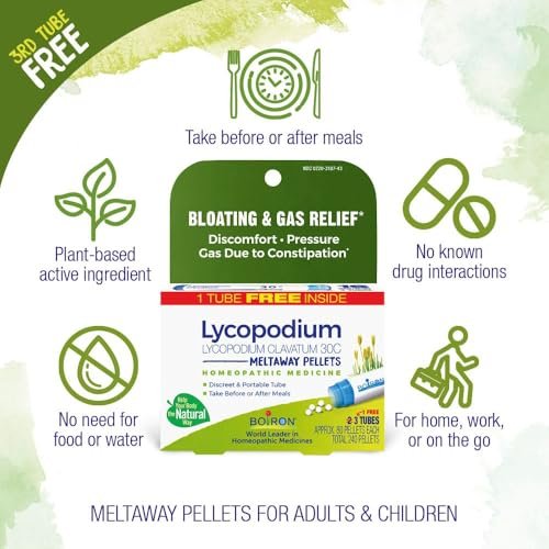 Boiron Lycopodium Clavatum 30C Homöopathisches Mittel gegen Blähungen, Völlegefühl und Magendruck - 3er-Pack (240 Kügelchen)